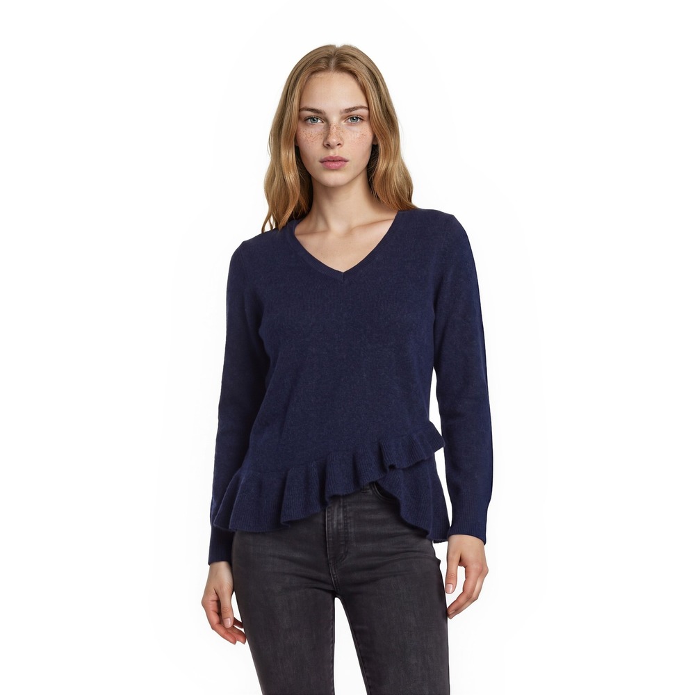 Isaac Mizrahi Live 100% Cashmere Ruffle Sweater Women's Size Small Blue V-Neck